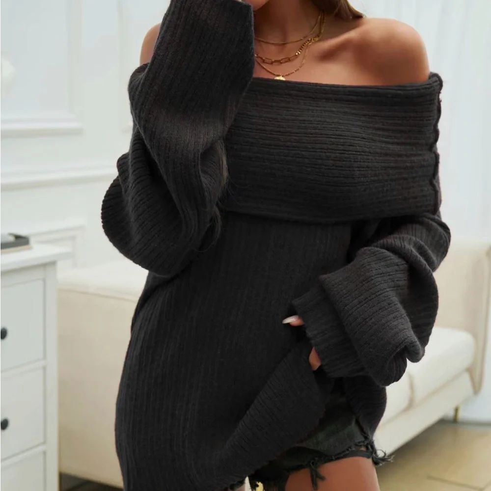 Chic Off-Shoulder Black Sweater - Picture 3 of 5